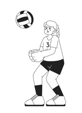 Caucasian female volleyball player monochromatic flat vector character. Strong woman kicking ball. Editable thin line full body person on white. Simple bw cartoon spot image for web graphic design