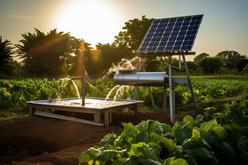 Solar-powered water pump in agricultural setting. Generative AI