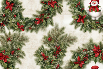 Naklejka na ściany i meble Christmas wreath repeatable seamless pattern