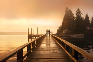 A bride and groom walking on the wooden jetty near the water during sunset