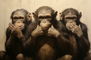 Illustration of three monkeys representing the proverbial principle of avoiding evil. Generative AI - obrazy, fototapety, plakaty