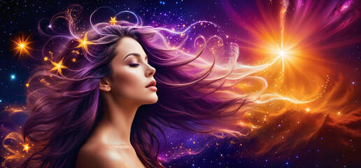 Celestial Dreamscape: A Peaceful and Psychedelic Portrait of a Woman in the Cosmic Wind with Swirls of Magic Powder.