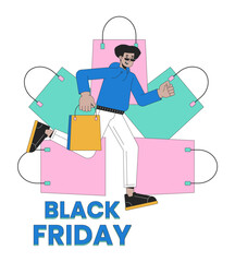 Black friday shopping bags retail 2D linear illustration concept. Shopper male running with boutique bag cartoon character isolated on white. Weekend sale metaphor abstract flat vector outline graphic