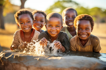 African children enjoy clean water and stretches out his hands to tank with fountain of clean water. - obrazy, fototapety, plakaty