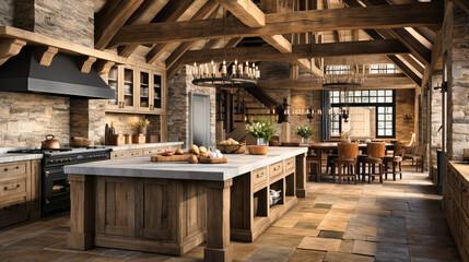 Farmhouse kitchens with wooden beams and stone fireplaces,