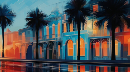 Naklejka premium Tropical - coastal homes - colorful - neon - palm trees - water - inspired by the coastal homes of South Carolina 
