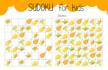 Sudoku educational game, leisure activity worksheet watercolor illustration, printable grid to fill in missing images, autumn Thanksgiving topical vocabulary, puzzle with solution, teacher resources