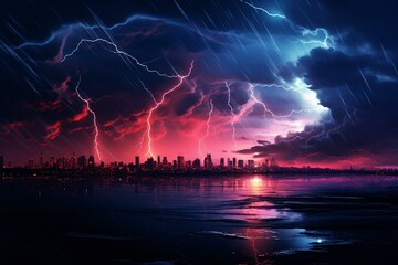 Vibrant, stormy skyscape electrifying cityscape. Generative AI