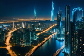 Fototapeta na wymiar Cityscape by Night: Urban Lights Illuminate the Evening Sky