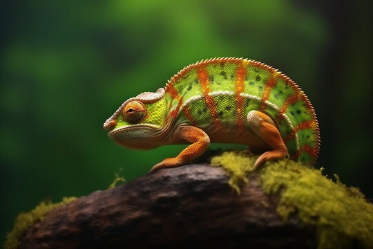 Lizard chameleon on green floral background