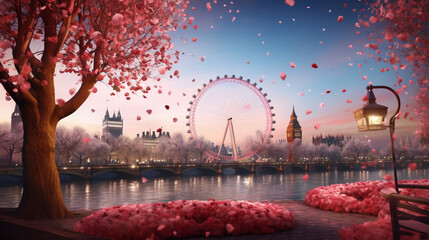 London eye in Valentine Festival background decorate by rose in paper art and craft design concept. Created using generative AI. - obrazy, fototapety, plakaty