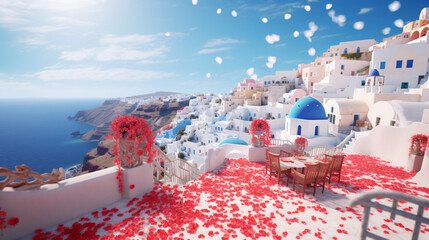 Valentine's day with Santorini background decorate by rose and clear sky in paper art and craft design concept. Created using generative AI. - obrazy, fototapety, plakaty