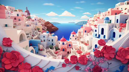 Valentine's day wallpaper in paper art and craft design concept with Santorini background decorate by rose. Created using generative AI.