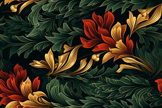 Vintage Christmas repeatable seamless pattern, green red and gold