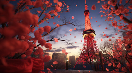 Valentine's day with Tokyo tower background decorate by rose and clear sky in paper art and craft design concept. Created using generative AI.