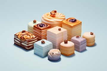 A romantic indoor setting is illuminated by the flickering candlelight, creating a dreamy atmosphere as the group of square shaped cakes bring a whimsical and cozy touch to the space