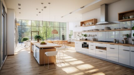 Clean white kitchen interior design combined with wood nuances, modern kitchen