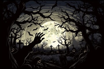 Zombie hand rises from the graveyard on a creepy night