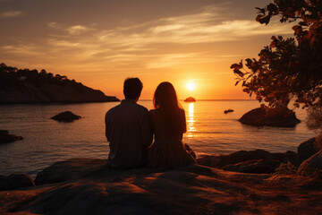 Couple's blissful moment as they watch a breathtaking sunset together. Generative Ai.