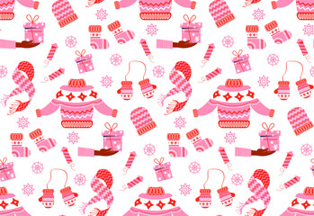 New Year pattern from winter clothes in flat style. Vector background with Christmas elements. For printing on packaging paper, fabric.