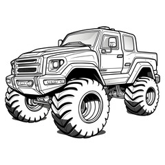 Outline drawing of Cartoon futuristic monster truck car concept, car coloring page line art, vehicle from side and front view. Vector doodle illustration, design for coloring book or print