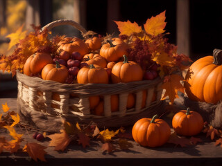 Autumn harvest of pumpkins, apples from the garden. Festive thanksgiving, halloween background, greeting card.