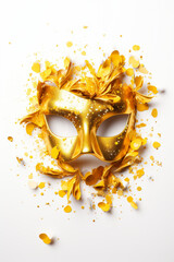 Golden carnival mask, with confetti, white background