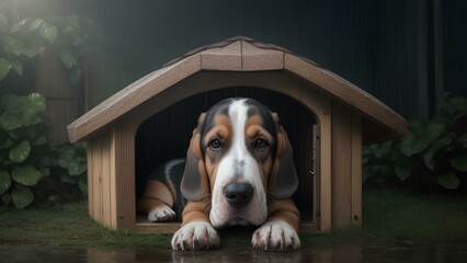 Basset hound in his dog house in the back yard on a rainy day looking sad