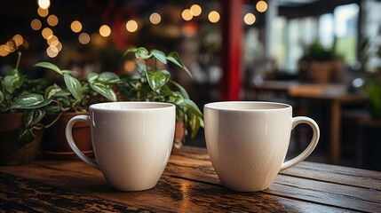 Closeup image of two people clinking white coffee cups in a cafe no face