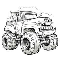 Outline drawing of Cartoon monster truck car concept, monster car coloring page line art, vehicle from side and front view. Vector doodle illustration, design for coloring book or print