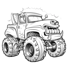 Photo sur Plexiglas Voitures de dessin animé Outline drawing of Cartoon monster truck car concept, monster car coloring page line art, vehicle from side and front view. Vector doodle illustration, design for coloring book or print