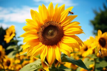 A tall sunflower with a bee on its yellow petals. Generative AI