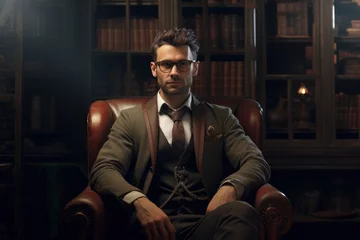 Foto op Canvas Portrait of a male librarian, in an old leather chair with bookshelves in the background. © VishusFilms