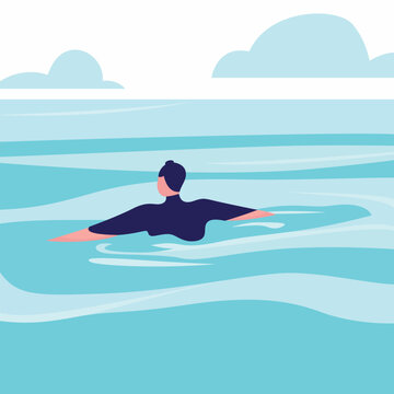 Man in open water looking at the horizon flat style vector illustration, Man swimming in open water, guy swimming in the ocean looking at the horizon stock vector image