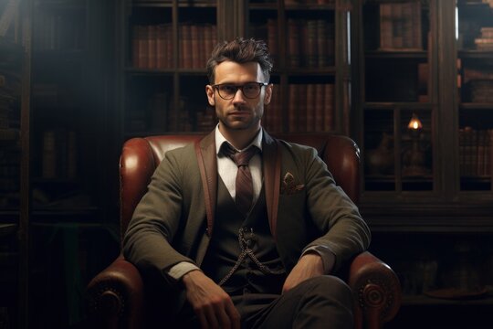 Portrait of a male librarian, in an old leather chair with bookshelves in the background.