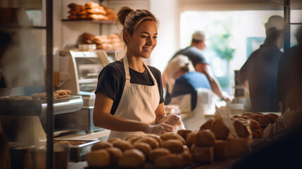 Busy Bakery Scene with Cashier