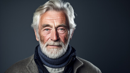 Studio portrait of elderly European man in his 70s, full beard and gray hair, copy space