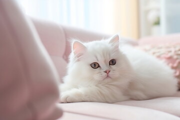 Close up of domestic cat lying on the sofe in the livingroom. Cat relax on the bed at home. Soft pastel colors image