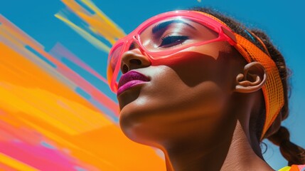 Close-up portrait of a girl athlete wearing sports glasses on a bright colorful background