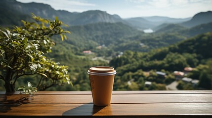 Coffee cup placed in hand against beautiful cool mountain landscape background