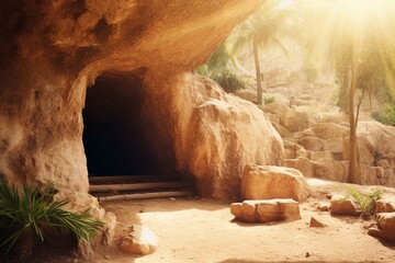 Empty tomb of Jesus with crosses in the background. Easter concept. Resurrection. Generative AI