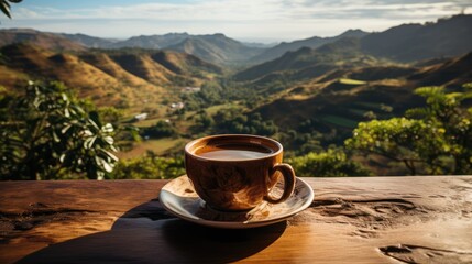 Coffee cup placed in hand against beautiful cool mountain landscape background