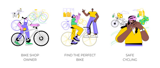 Bike rental isolated cartoon vector illustrations set. Bicycle store business owner consulting client, choosing size of bike for rent, wearing helmet, safe cycling, going on a ride vector cartoon.
