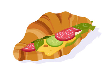 Healthy breakfast sandwich concept. Buns with sausage slices and vegetables, cheese. Proper diet and nutrition. Poster or banner. Cartoon flat vector illustration isolated on white background