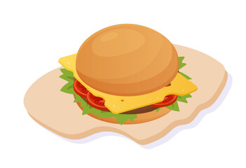 Healthy breakfast hamburger concept. Buns with meat and vegetables, cheese. Fast and takeaway food. Sticker for social networks. Cartoon flat vector illustration isolated on white background
