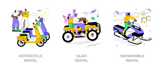 Motor vehicle rental isolated cartoon vector illustrations set. Salesman gives a keys to the rented motorcycle, people renting quad on vacation, snowmobile ride, tourism business vector cartoon.