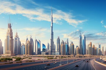 Fototapeta na wymiar Stunning urban panorama of Dubai's city center and Sheikh Zayed Road crossing, UAE. Generative AI