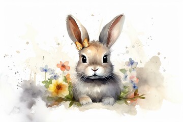 adorable bunny with spring elements on a plain backdrop. Generative AI