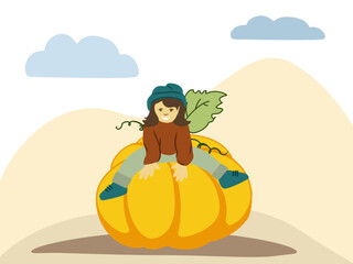 Cartoon little girl sitting on big pumpkin. Happy girl celebrating holidays in fall flat vector illustration. Family, Halloween, thanksgiving concept for banner