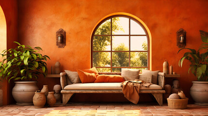 Mediterranean interiors with stucco walls and terracotta tiles